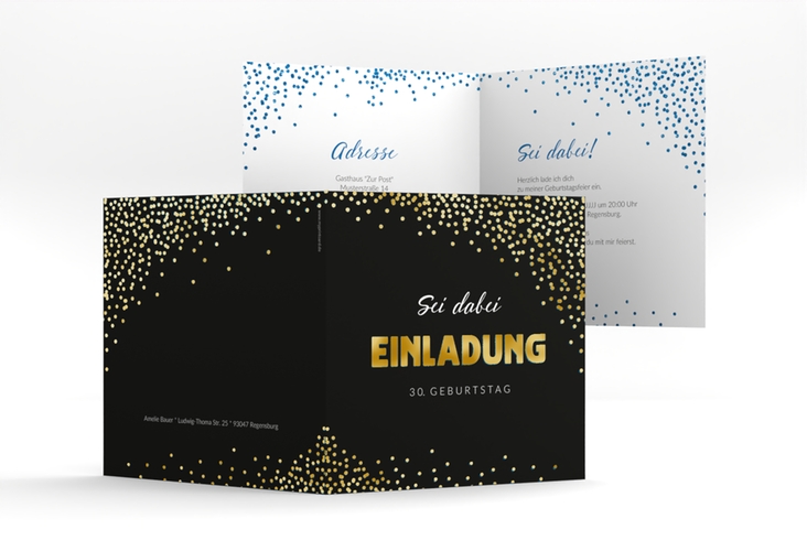 Einladung Geburtstag Glitzer quadr. Klappkarte blau gold