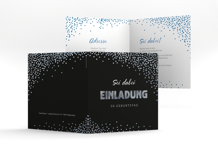 Einladung Geburtstag Glitzer quadr. Klappkarte blau silber