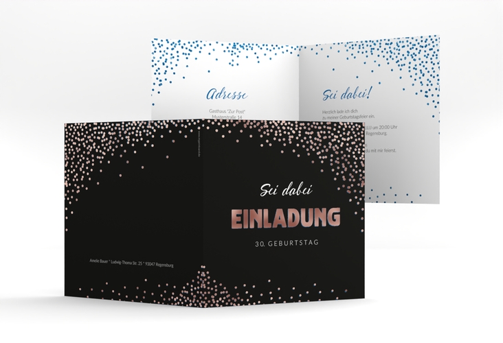 Einladung Geburtstag Glitzer quadr. Klappkarte blau rosegold