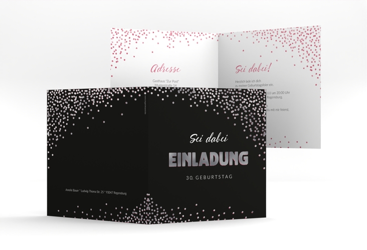 Einladung Geburtstag Glitzer quadr. Klappkarte pink silber