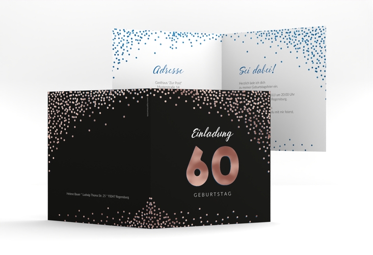 Einladung 60. Geburtstag Glitzer quadr. Klappkarte blau rosegold