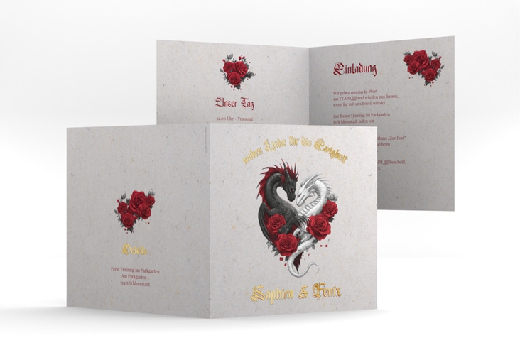 Hochzeitseinladung Drachenliebe quadr. Klappkarte grau gold