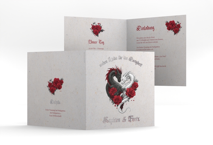 Hochzeitseinladung Drachenliebe quadr. Klappkarte grau silber