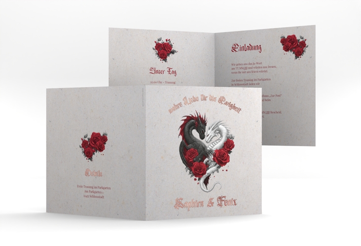Hochzeitseinladung Drachenliebe quadr. Klappkarte grau rosegold