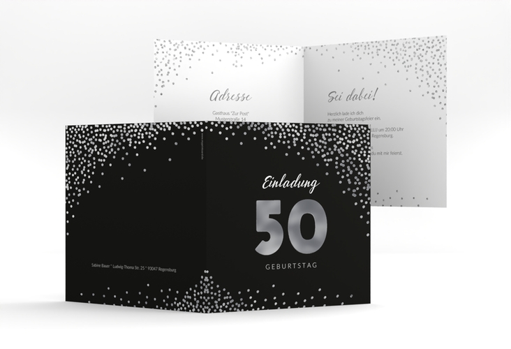 Einladung 50. Geburtstag Glitzer quadr. Klappkarte grau silber