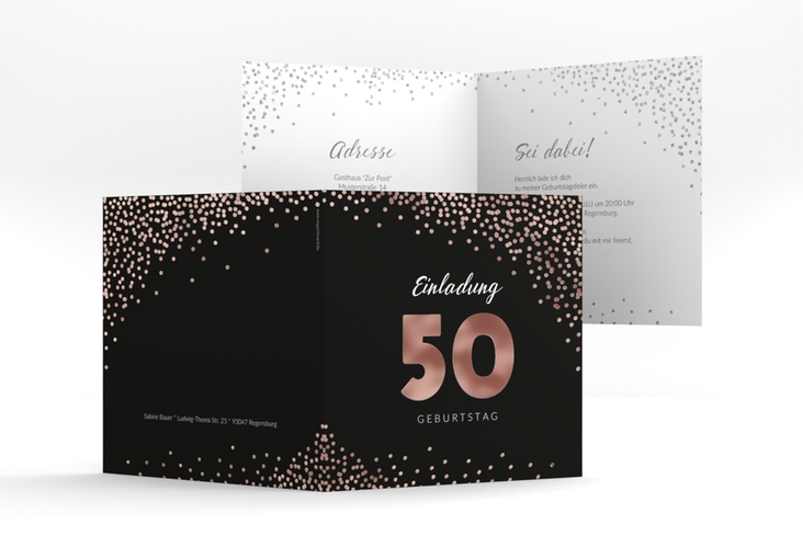 Einladung 50. Geburtstag Glitzer quadr. Klappkarte grau rosegold