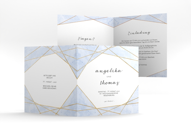 Hochzeitseinladung Asymmetry quadr. Klappkarte blau gold