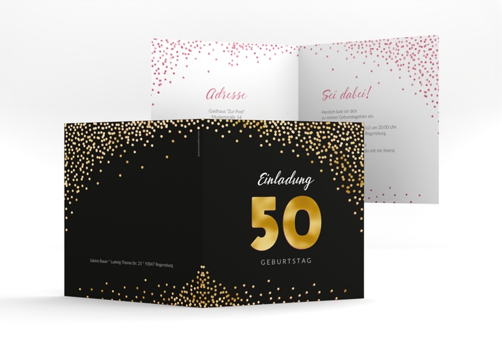 Einladung 50. Geburtstag Glitzer quadr. Klappkarte pink gold