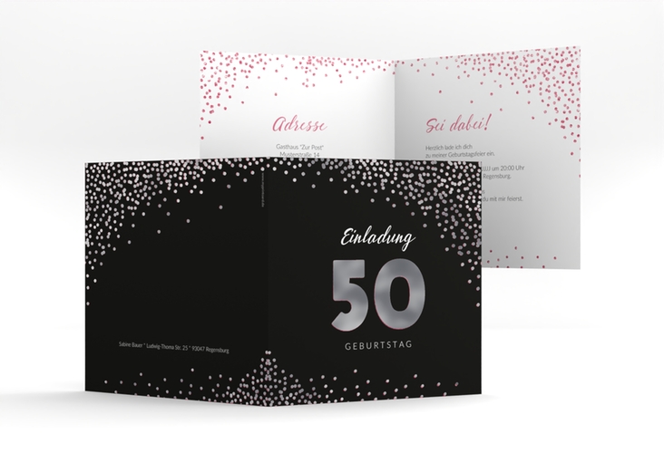 Einladung 50. Geburtstag Glitzer quadr. Klappkarte pink silber