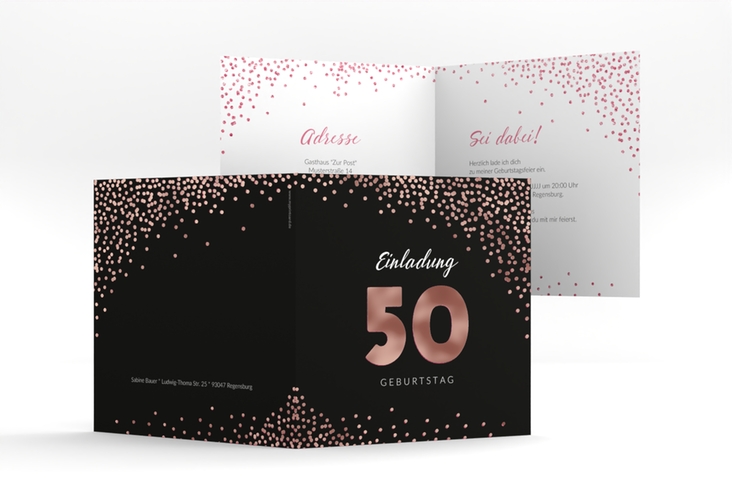 Einladung 50. Geburtstag Glitzer quadr. Klappkarte pink rosegold