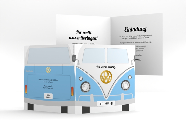 Einladung 30. Geburtstag Bulli Bus quadr. Klappkarte blau gold