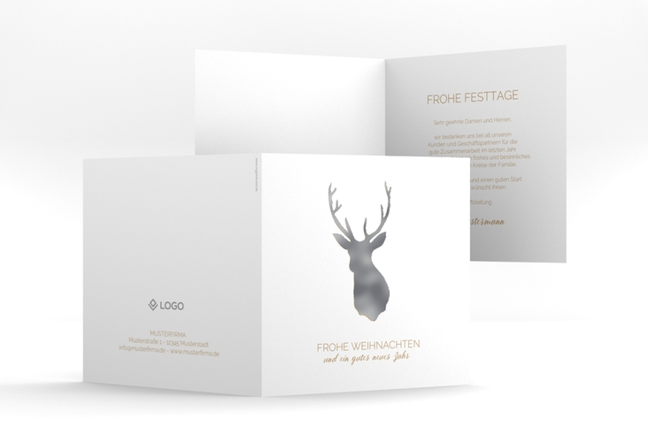 Business-Weihnachtskarte Deer quadr. Klappkarte gold silber und weiß mit Hirsch-Motiv