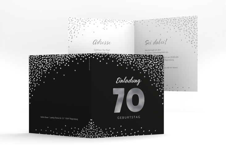 Einladung 70. Geburtstag Glitzer quadr. Klappkarte grau silber