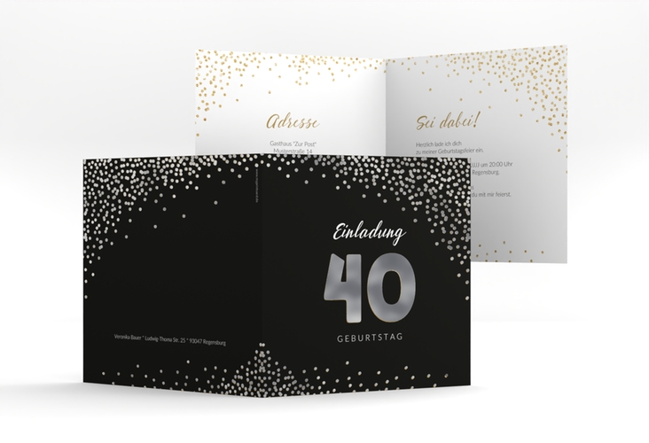 Einladung 40. Geburtstag Glitzer quadr. Klappkarte gold silber