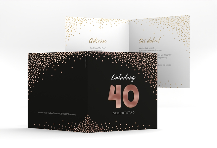Einladung 40. Geburtstag Glitzer quadr. Klappkarte gold rosegold