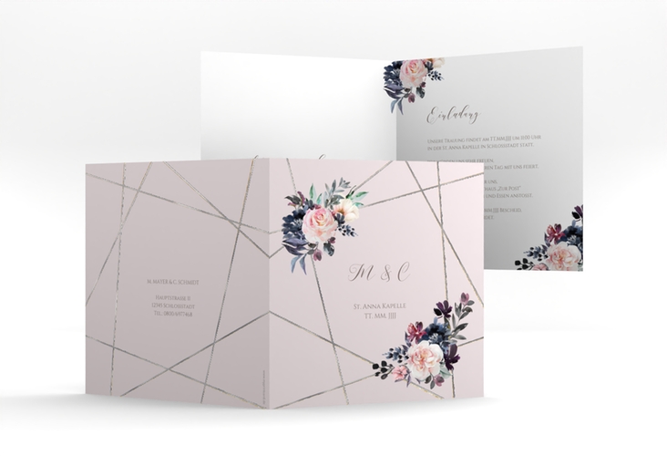 Hochzeitseinladung Azalie quadr. Klappkarte rosa silber