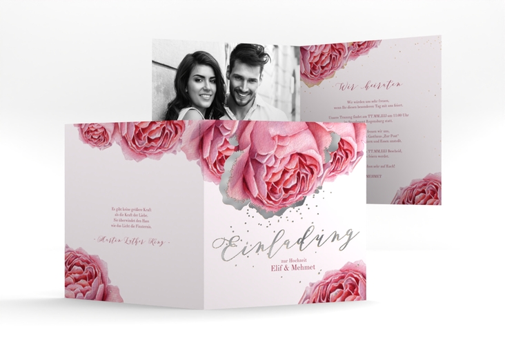 Hochzeitseinladung Cherie quadr. Klappkarte rosa silber