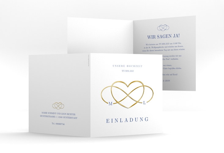 Hochzeitseinladung Infinity quadr. Klappkarte blau gold