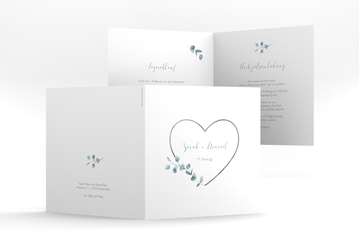 Hochzeitseinladung Greenheart quadr. Klappkarte gold silber mit elegantem Herz und Eukalyptus-Zweig