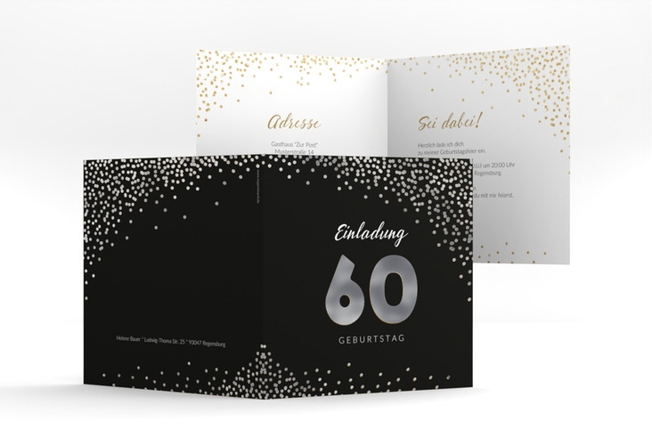 Einladung 60. Geburtstag Glitzer quadr. Klappkarte gold silber