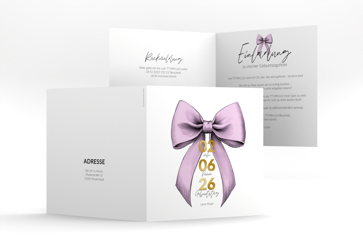 Einladung 30. Geburtstag Geburtstagsschleife quadr. Klappkarte rosa gold