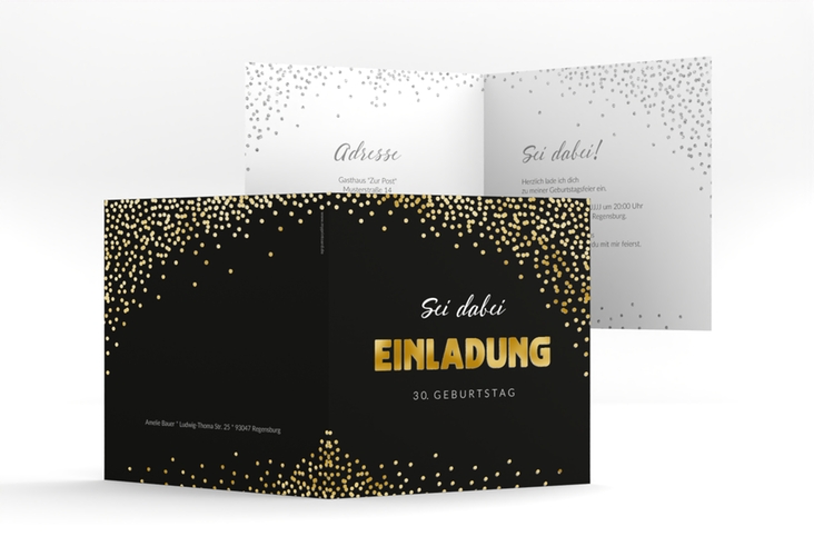 Einladung Geburtstag Glitzer quadr. Klappkarte grau gold