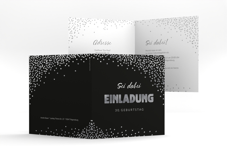Einladung Geburtstag Glitzer quadr. Klappkarte grau silber