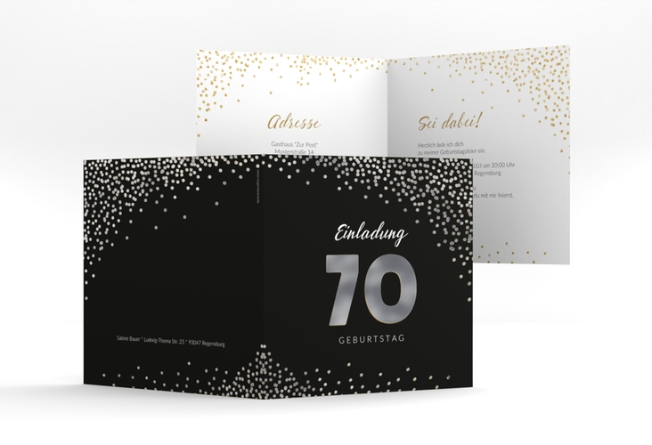 Einladung 70. Geburtstag Glitzer quadr. Klappkarte gold silber