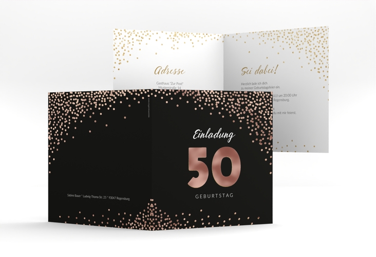 Einladung 50. Geburtstag Glitzer quadr. Klappkarte gold rosegold
