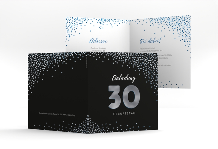Einladung 30. Geburtstag Glitzer quadr. Klappkarte blau silber