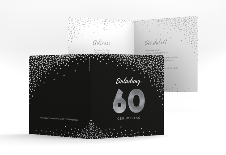 Einladung 60. Geburtstag Glitzer quadr. Klappkarte grau silber