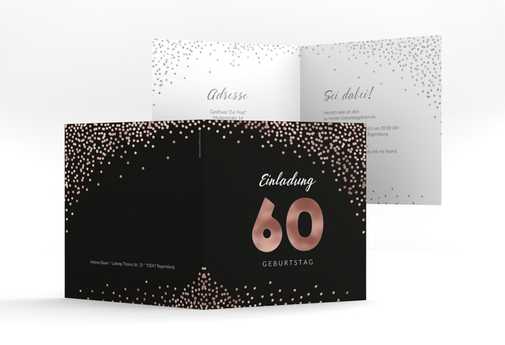 Einladung 60. Geburtstag Glitzer quadr. Klappkarte grau rosegold