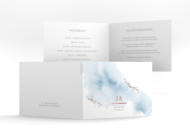 Hochzeitseinladung Pastell A6 Klappkarte quer blau rosegold