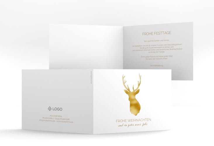 Geschäftliche Weihnachtskarte Deer A6 Klappkarte quer gold gold und weiß mit Hirschkopf