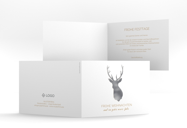 Geschäftliche Weihnachtskarte Deer A6 Klappkarte quer gold silber und weiß mit Hirschkopf