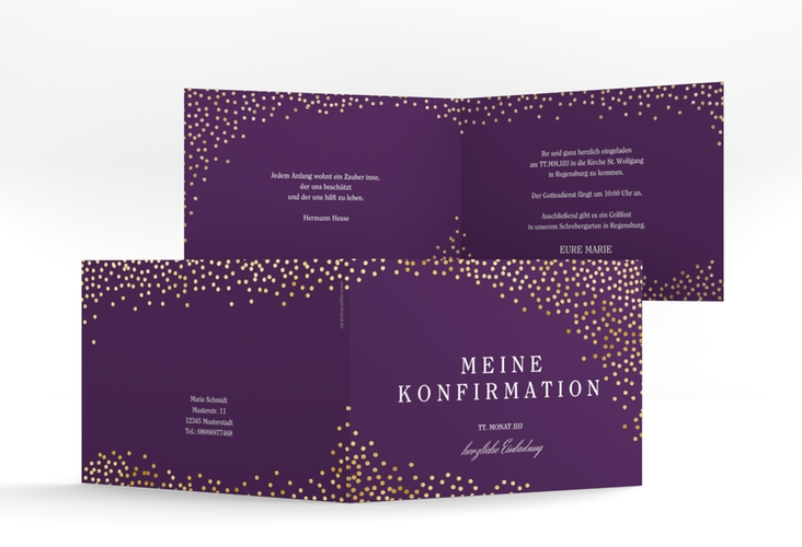 Einladung Konfirmation Glossy A6 Klappkarte quer lila gold