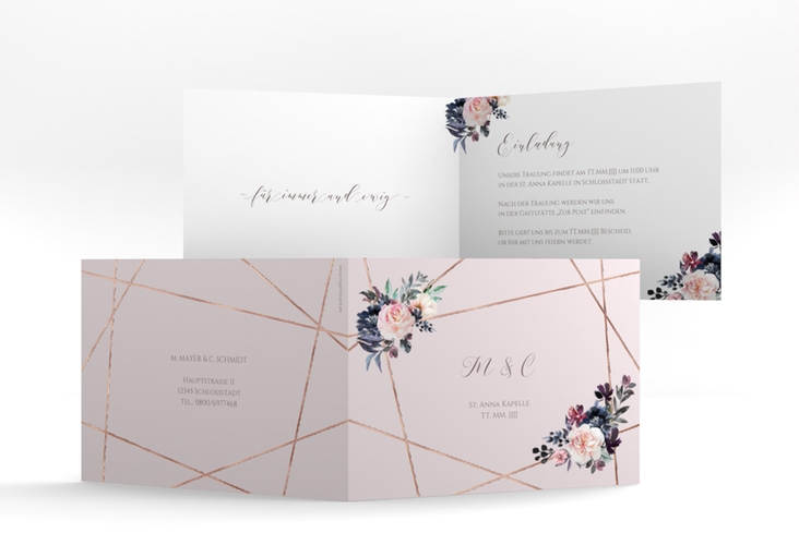 Hochzeitseinladung Azalie A6 Klappkarte quer rosa rosegold