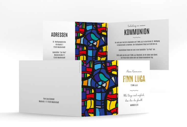 Kommunionseinladung Kirchenfenster A6 Klappkarte quer bunt gold