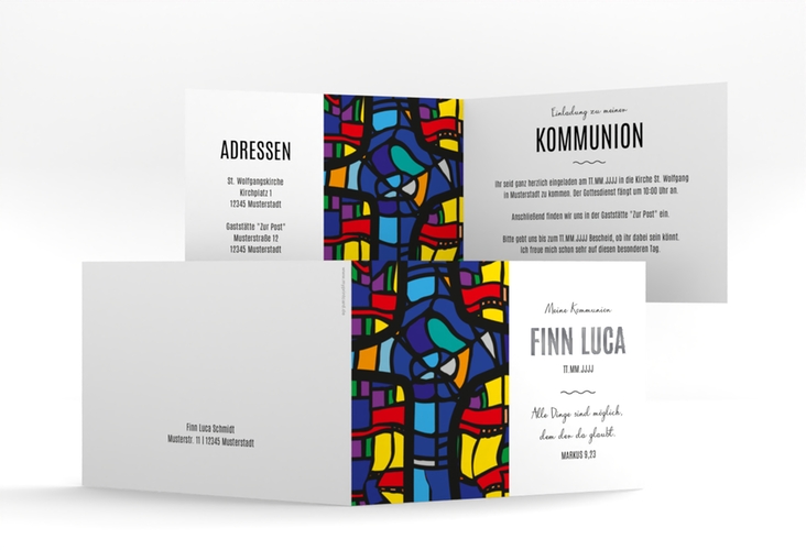 Kommunionseinladung Kirchenfenster A6 Klappkarte quer bunt silber