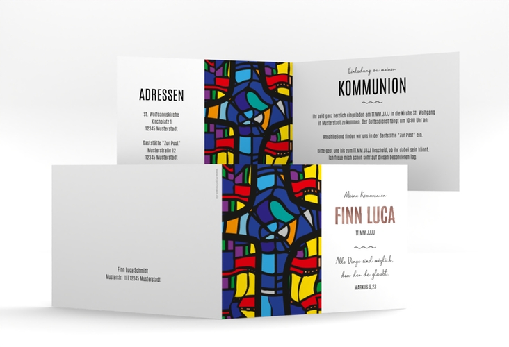 Kommunionseinladung Kirchenfenster A6 Klappkarte quer bunt rosegold