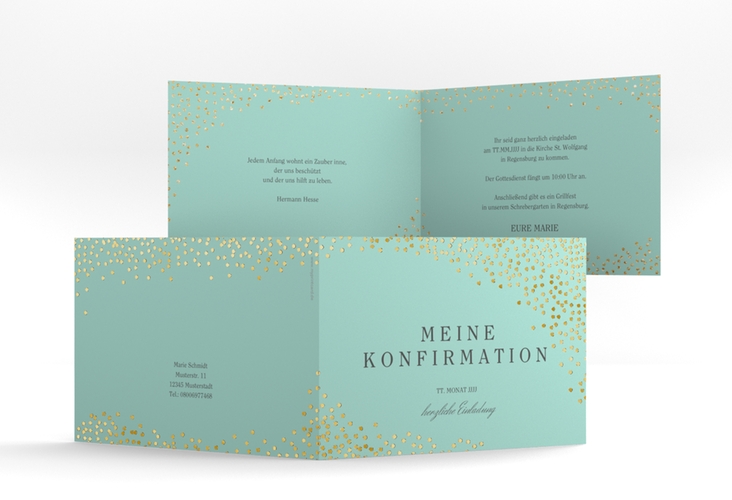 Einladung Konfirmation Glossy A6 Klappkarte quer mint gold