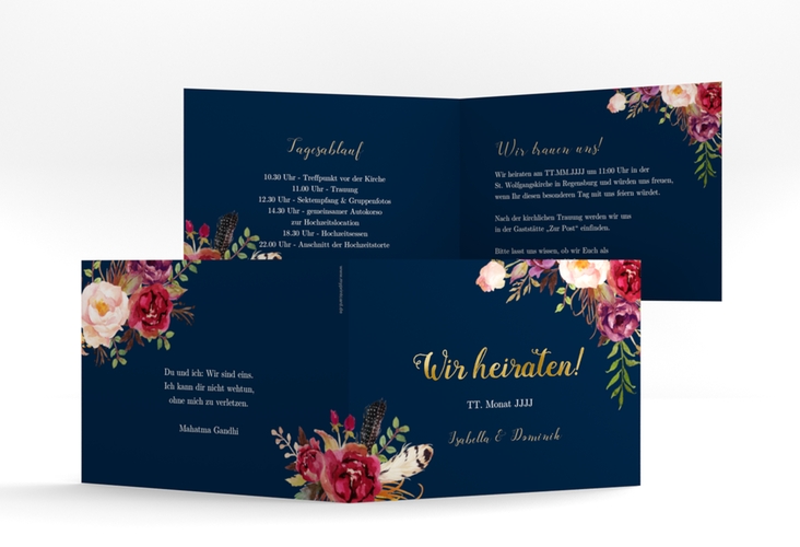 Hochzeitseinladung Flowers A6 Klappkarte quer blau gold mit bunten Aquarell-Blumen