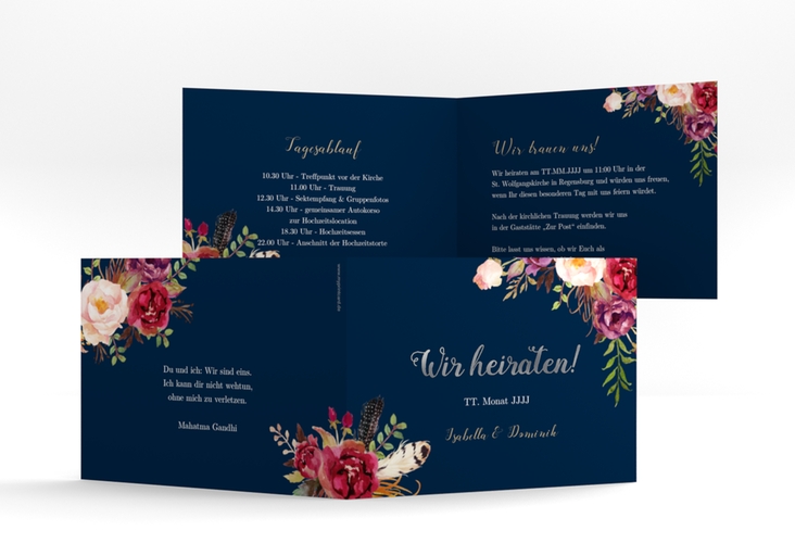 Hochzeitseinladung Flowers A6 Klappkarte quer blau silber mit bunten Aquarell-Blumen