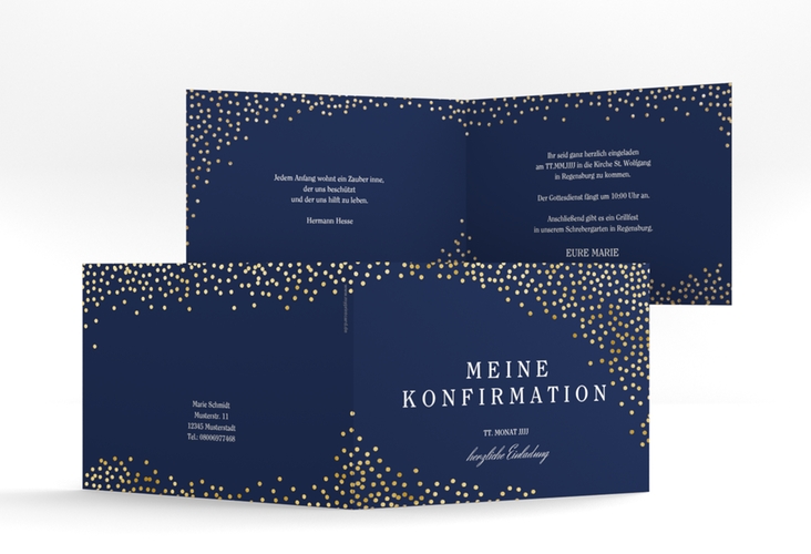 Einladung Konfirmation Glossy A6 Klappkarte quer blau gold