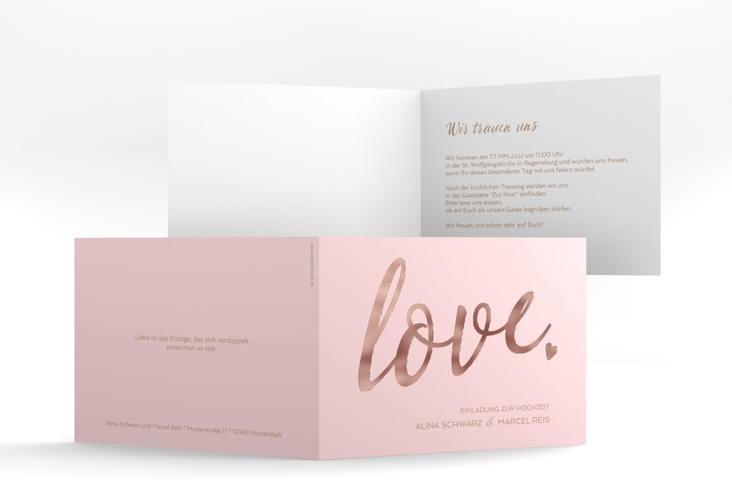 Hochzeitseinladung Glam A6 Klappkarte quer rosa rosegold