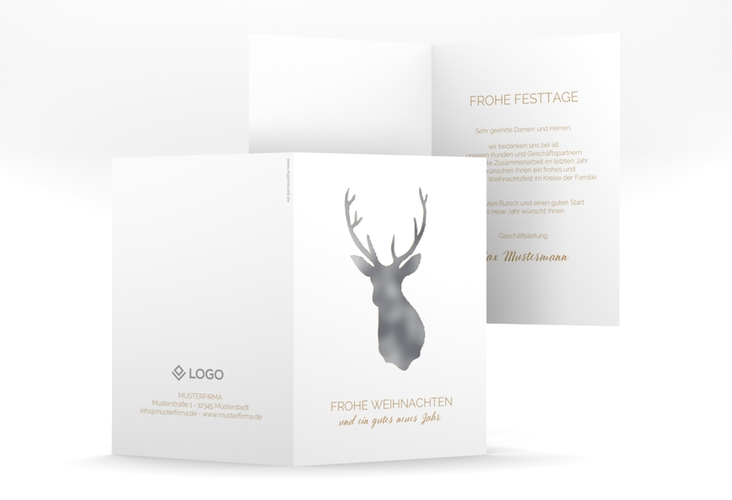Business-Weihnachtskarte Deer A6 Klappkarte hoch gold silber und weiß mit Reh-Kopf