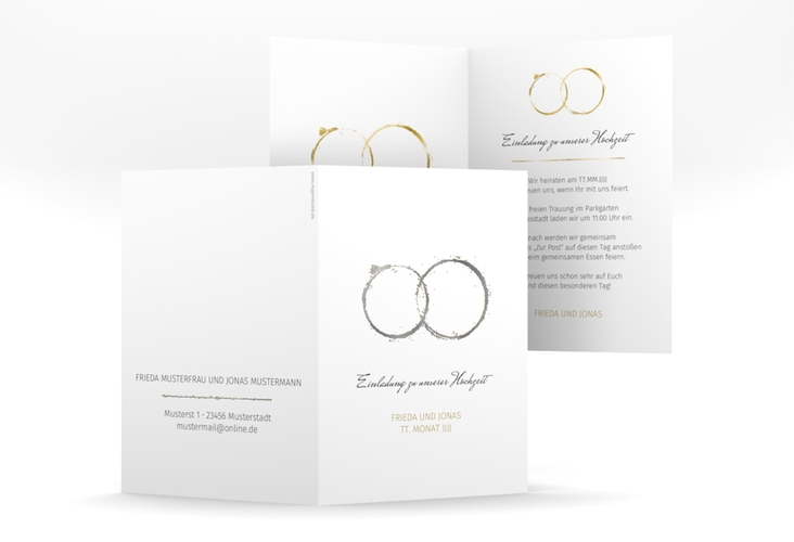 Einladungskarte Hochzeit Trauringe A6 Klappkarte hoch gold silber minimalistisch gestaltet mit zwei Eheringen