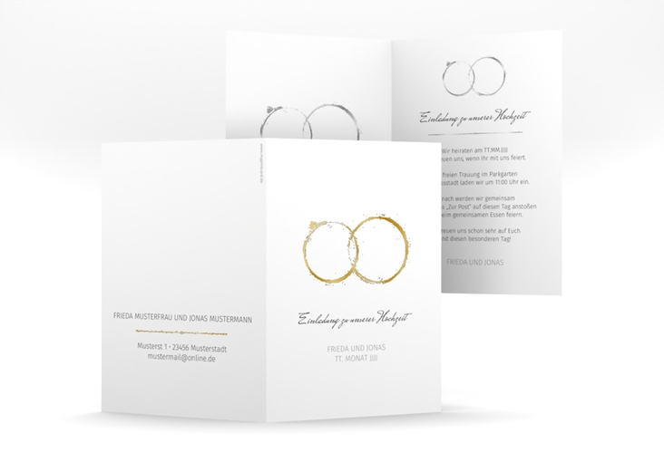 Einladungskarte Hochzeit Trauringe A6 Klappkarte hoch grau gold minimalistisch gestaltet mit zwei Eheringen