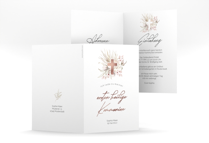 Kommunionseinladung Boho Kreuz A6 Klappkarte hoch rosa rosegold