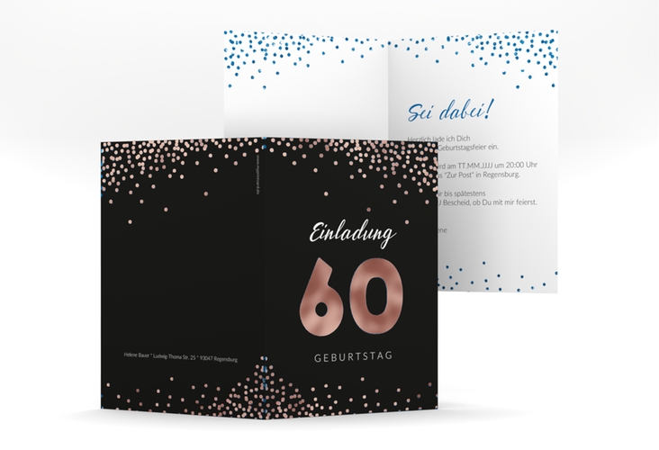 Einladung 60. Geburtstag Glitzer A6 Klappkarte hoch blau rosegold